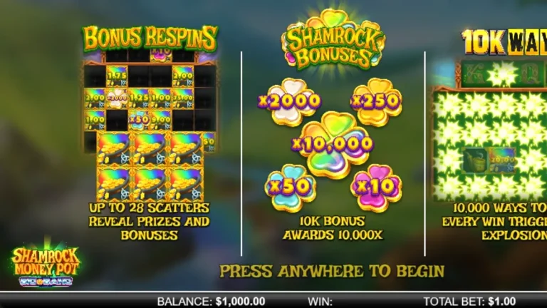 Tangkapan layar permainan slot Shamrock Money Pot Big Bang menampilkan simbol keberuntungan Irlandia dan fitur bonus.