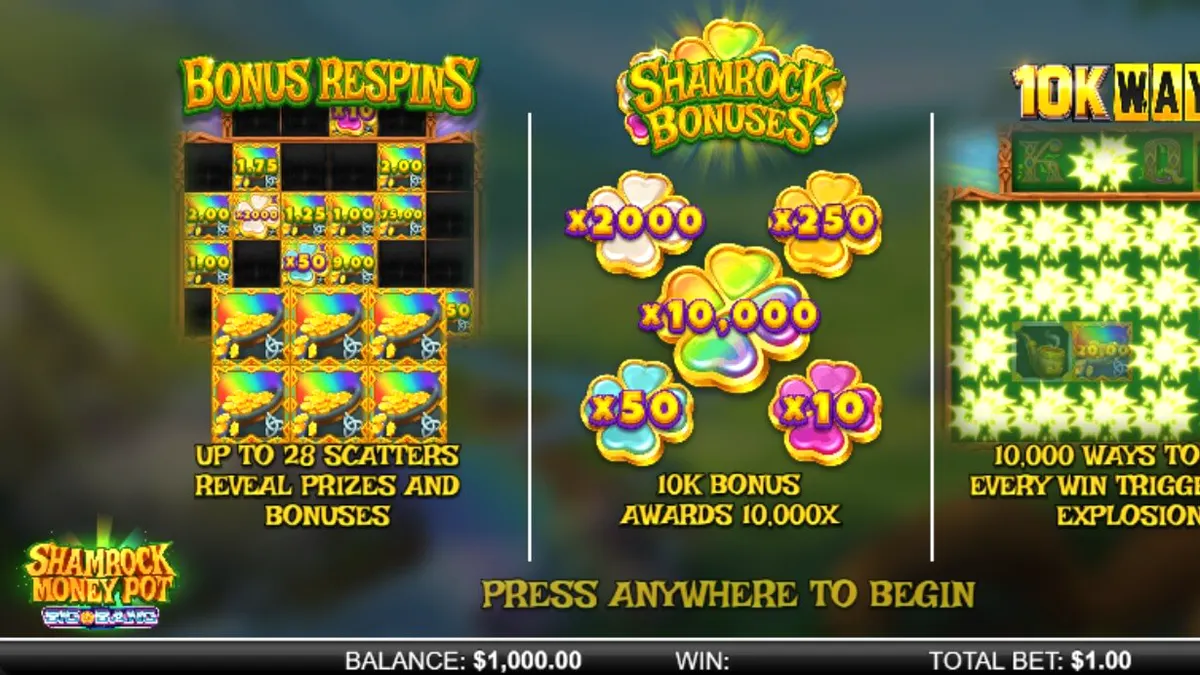 Tangkapan layar permainan slot Shamrock Money Pot Big Bang menampilkan simbol keberuntungan Irlandia dan fitur bonus.
