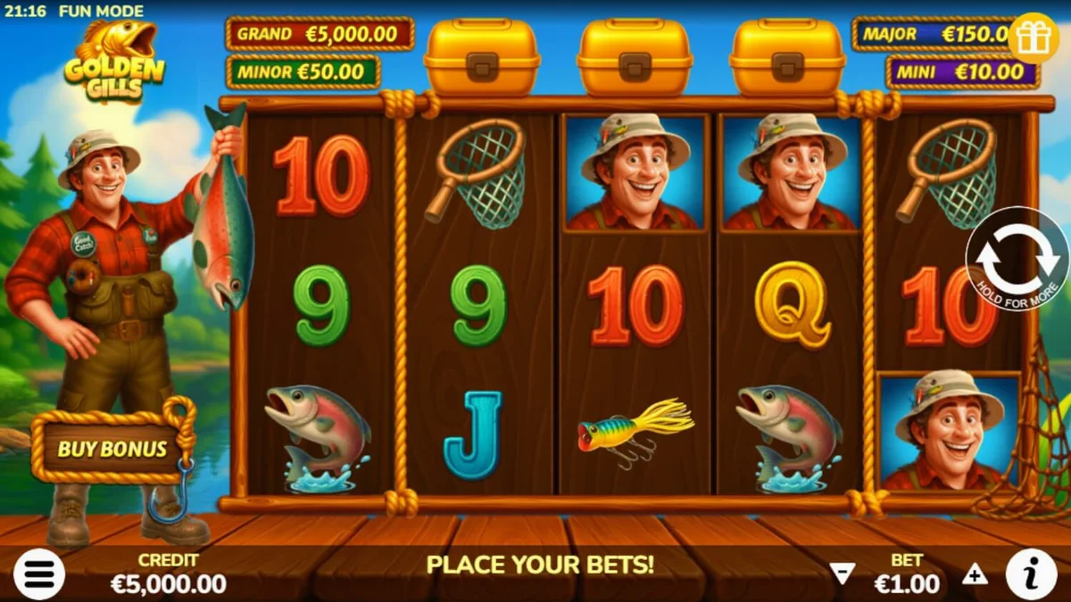 Pemandangan danau yang tenang dalam permainan slot Golden Gills