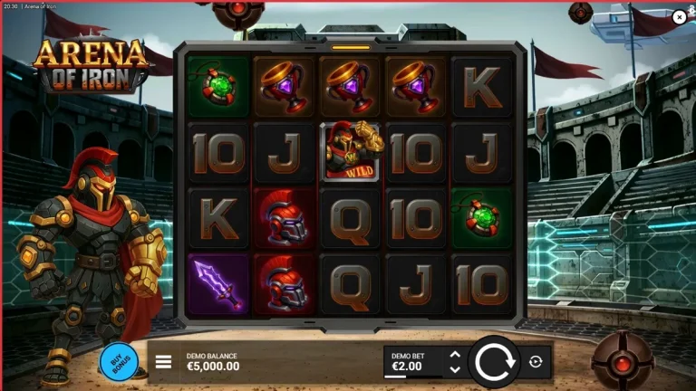 Robot gladiator futuristik di arena pertempuran slot Arena of Iron