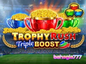 Tampilan visual slot Trophy Rush Triple Boost dengan elemen koin emas dan latar stadion