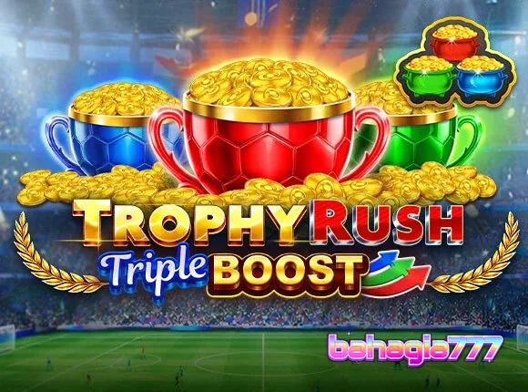 Tampilan visual slot Trophy Rush Triple Boost dengan elemen koin emas dan latar stadion